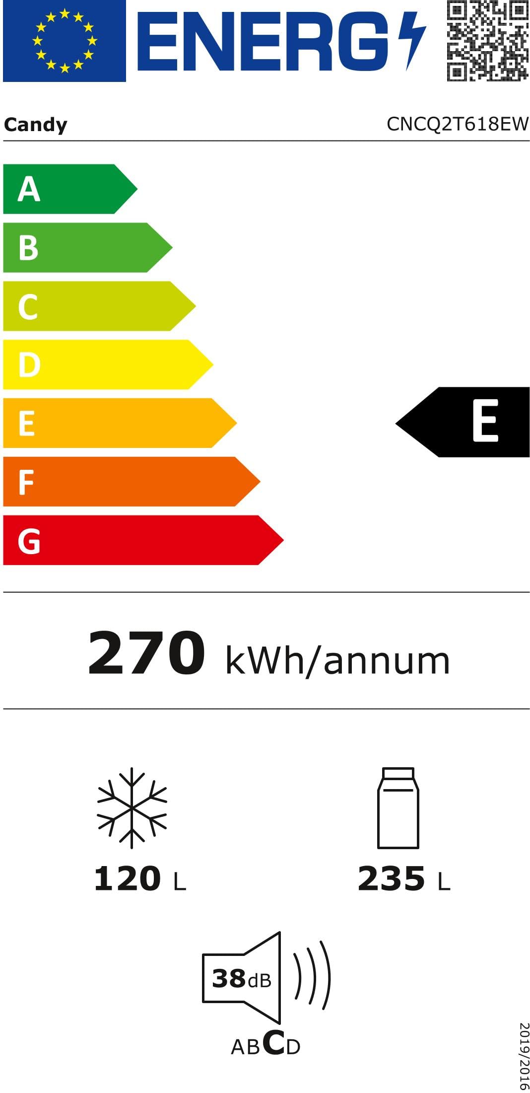 Frigorífico Combi Candy CNCQ2T618EW, No Frost, 185 cm, 355 L, 4 Cajones, Eficiencia E - Blanco