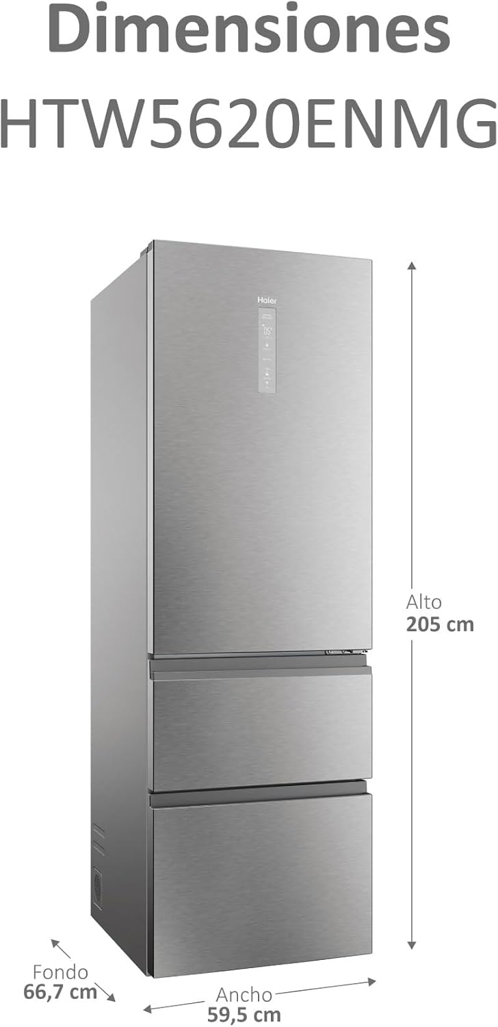 Haier 3P Combi Refrigerator HTR3619ENMN, 190x60cm, NFR, E, Inox