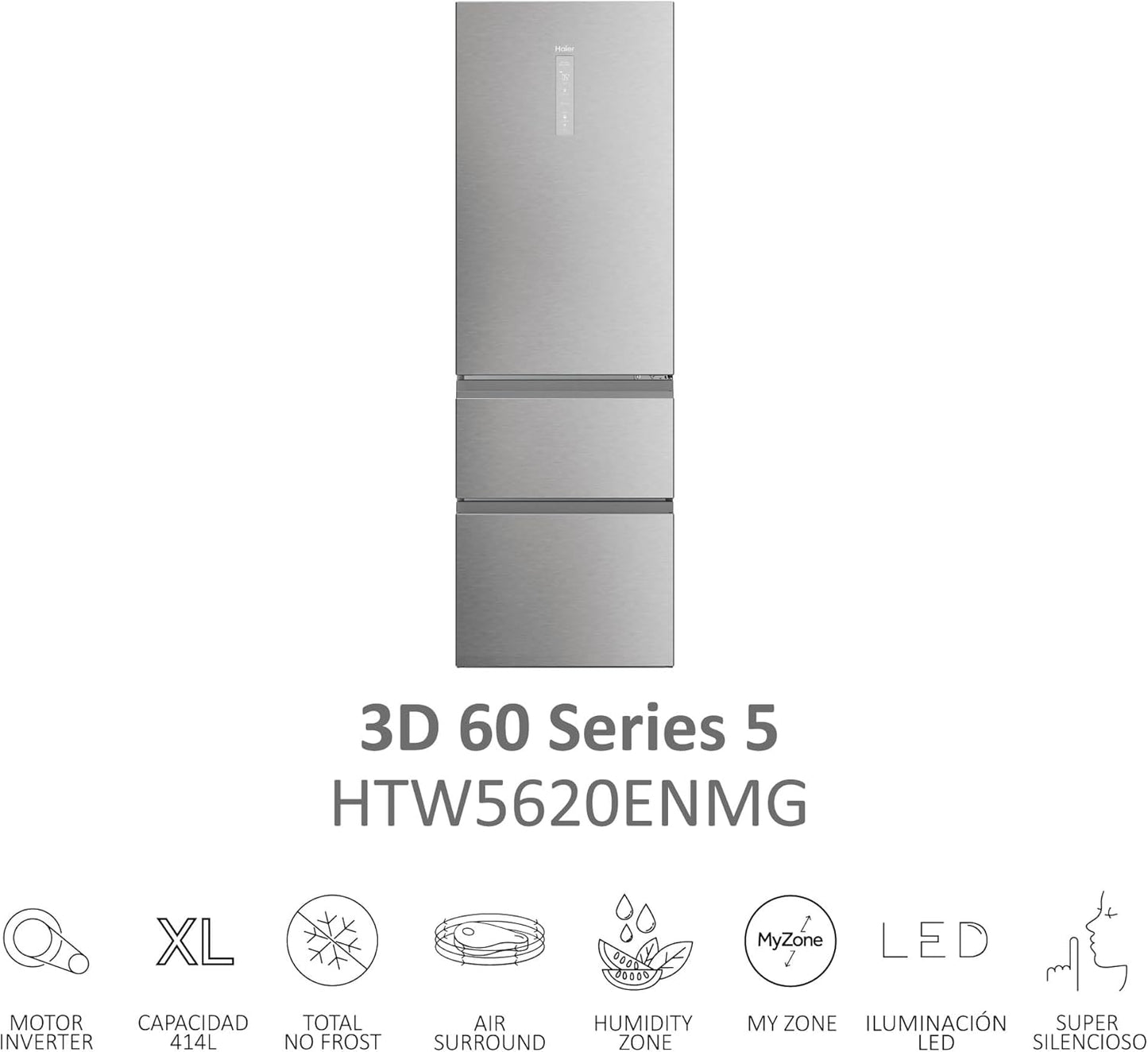 Haier 3P Combi Refrigerator HTR3619ENMN, 190x60cm, NFR, E, Inox