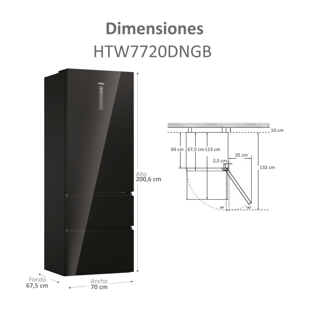 OFERTA FRIGORIFICO COMBI HAIER 3D NOFROST CRISTAL NEGRO 200,6 m x 70 cm HTW7720DNGB