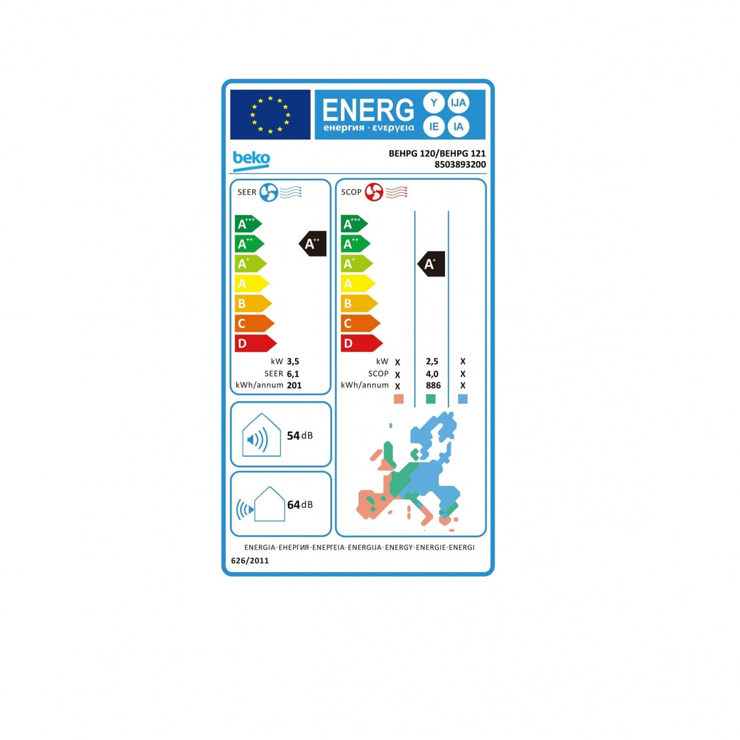 Aire acondicionado Split 1 x 1 - Beko BEHPI 120/ BEHPI 121, Inverter, 3010 fg/h, 60 dB(A), Deshumidificación, Wifi, Blanco