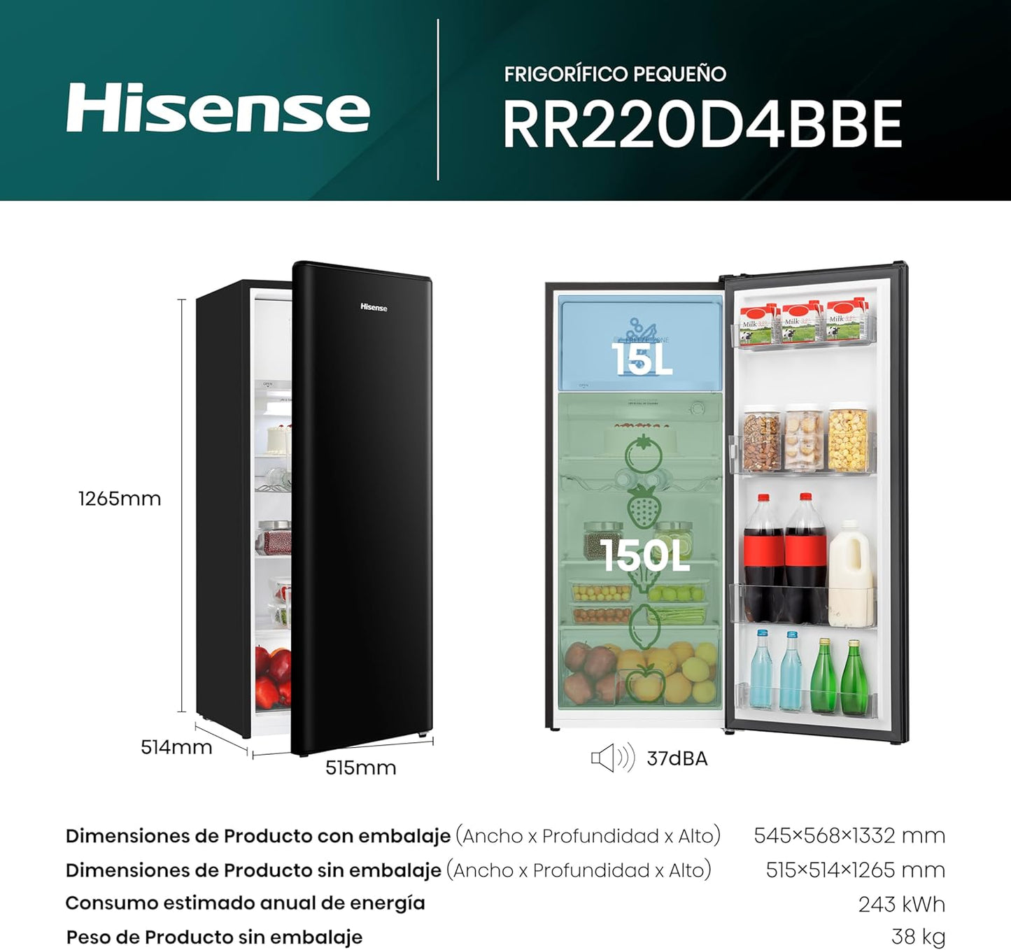 Frigorífico 1 puerta Hisense E RR220D4BBE, Negro, 128x52 cm, 165L