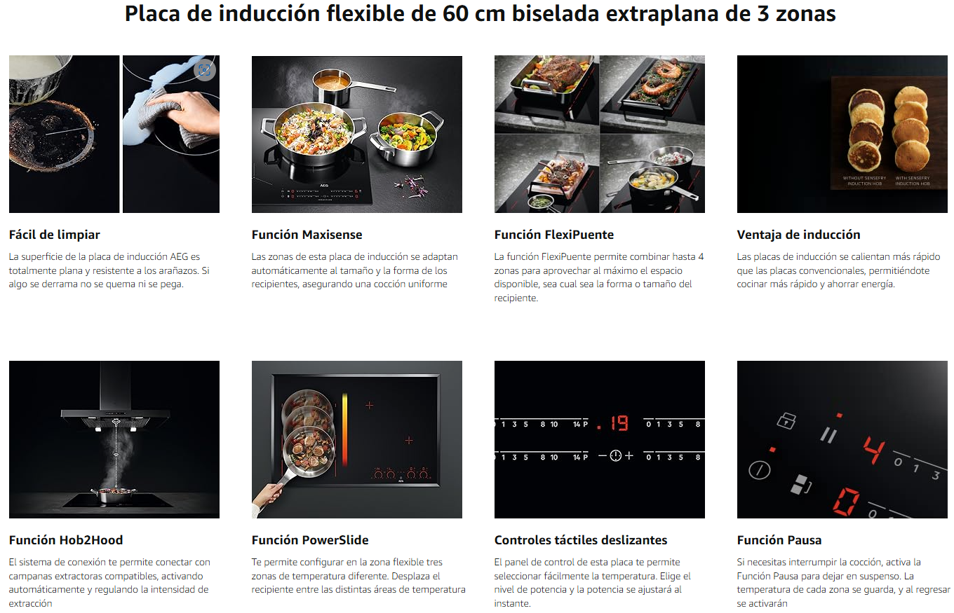 Placa de Inducción Biselada AEG IKE63471FB, 3 Zonas de Cocción, 60 cm, Función FlexiPuente, Calentamiento Rápido, Control Táctil Deslizante, Función de Pausa, Sistema Hob2Hood ¡ÚLTIMA UNIDAD!