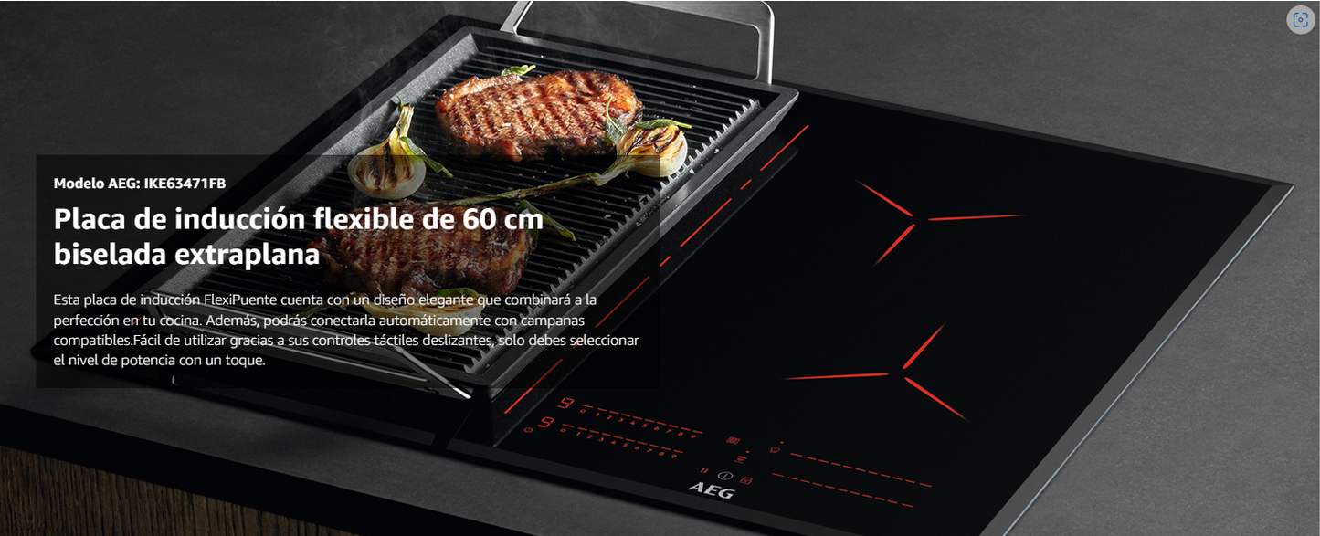 Placa de Inducción Biselada AEG IKE63471FB, 3 Zonas de Cocción, 60 cm, Función FlexiPuente, Calentamiento Rápido, Control Táctil Deslizante, Función de Pausa, Sistema Hob2Hood ¡ÚLTIMA UNIDAD!