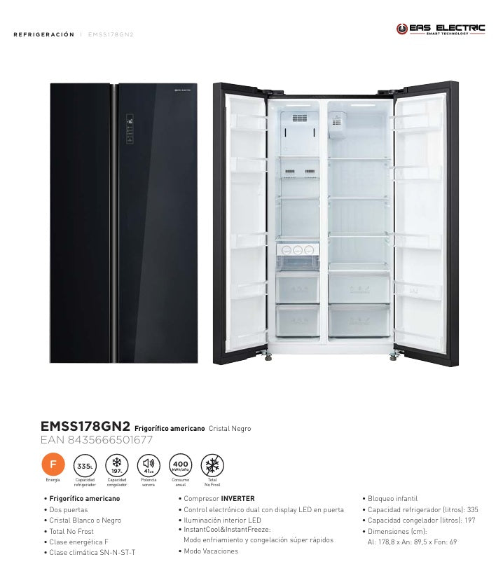 EAS ELECTRIC NO FROST BLACK GLASS AMERICAN REFRIGERATOR EMSS178GN2
