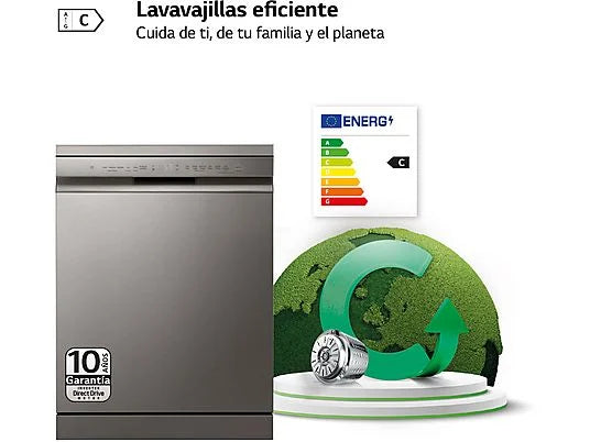 Dishwasher - LG DF355FP, 14 place settings, 9 programs, 60 cm, LED touch, Third rack, QuadWash™, Stainless steel
