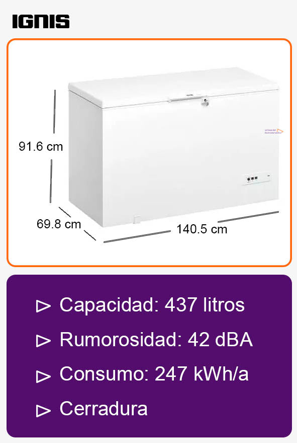 ARCON CONGELADOR HORIZONTAL IGNIS CO470EG2, 141x70cm, E, 437L