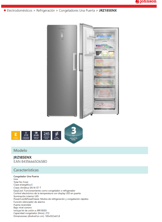 CONGELADOR VERTICAL JOHNSON 185X59.5X61.8 CM NF 1P 273L CLASE E INOX