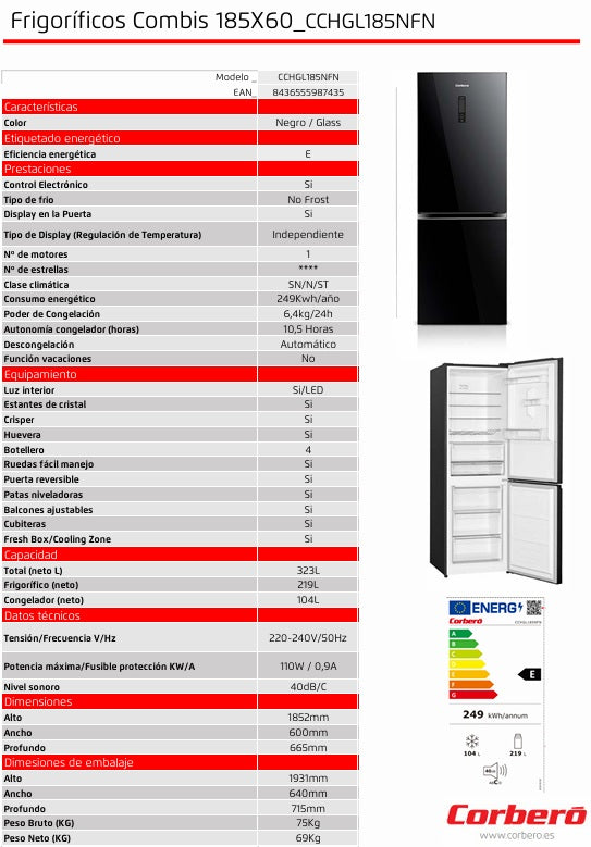 Frigorífico Combi Corbero CCHGL185NFN, 185X60, E, NoFrost 323L Cristal Negro