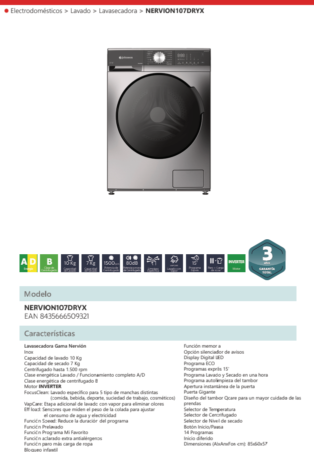 LAVADORASECADORA JOHNSON CF 10KG/7KG 1500RPM CLASE A/D INVERTER INOX