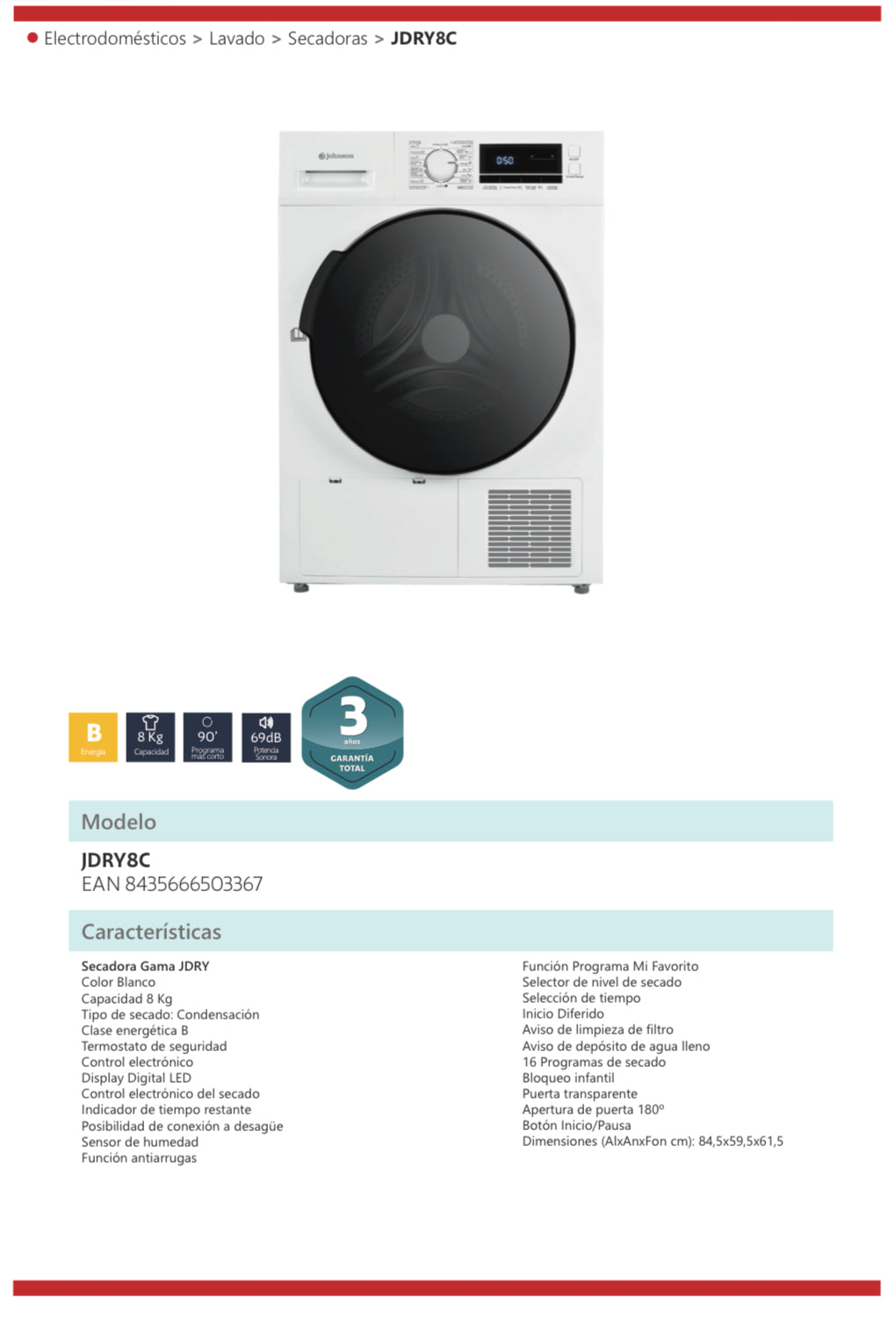 SECADORA JOHNSON CONDENSACION JDRY8C 8KG