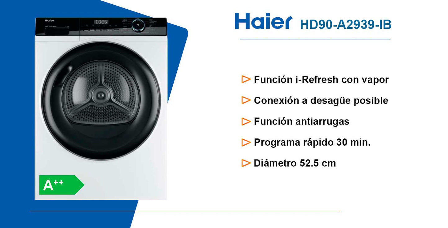 Secadora Haier HD90A2939IB, 9kg, A++, Bomba Calor