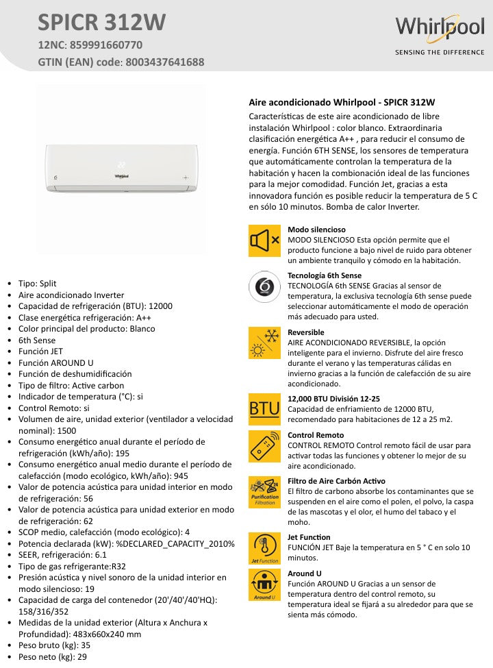 WHIRLPOOL SPICR312W 3000FG AIR CONDITIONING HEAT PUMP OFFER