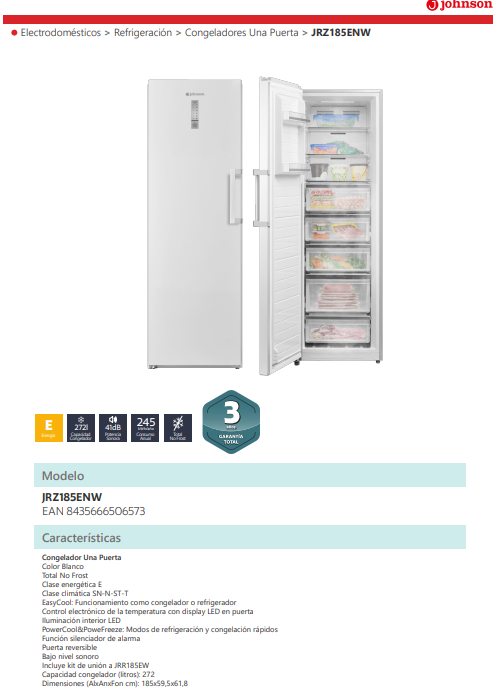 CONGELADOR VERTICAL JOHNSON 185X59.5X61.8 CM NO FROST 1P CLASE E BLANCO