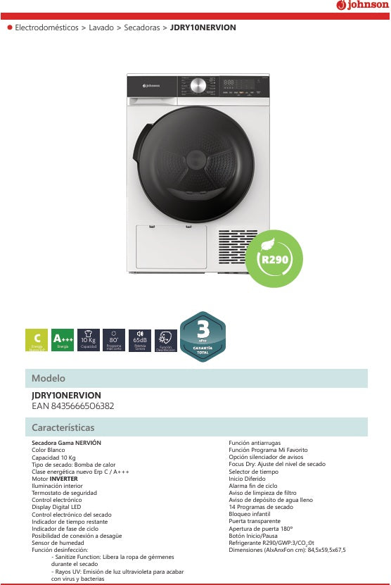 SECADORA JOHNSON BOMBA DE CALOR JDRY10NERVION 10KG