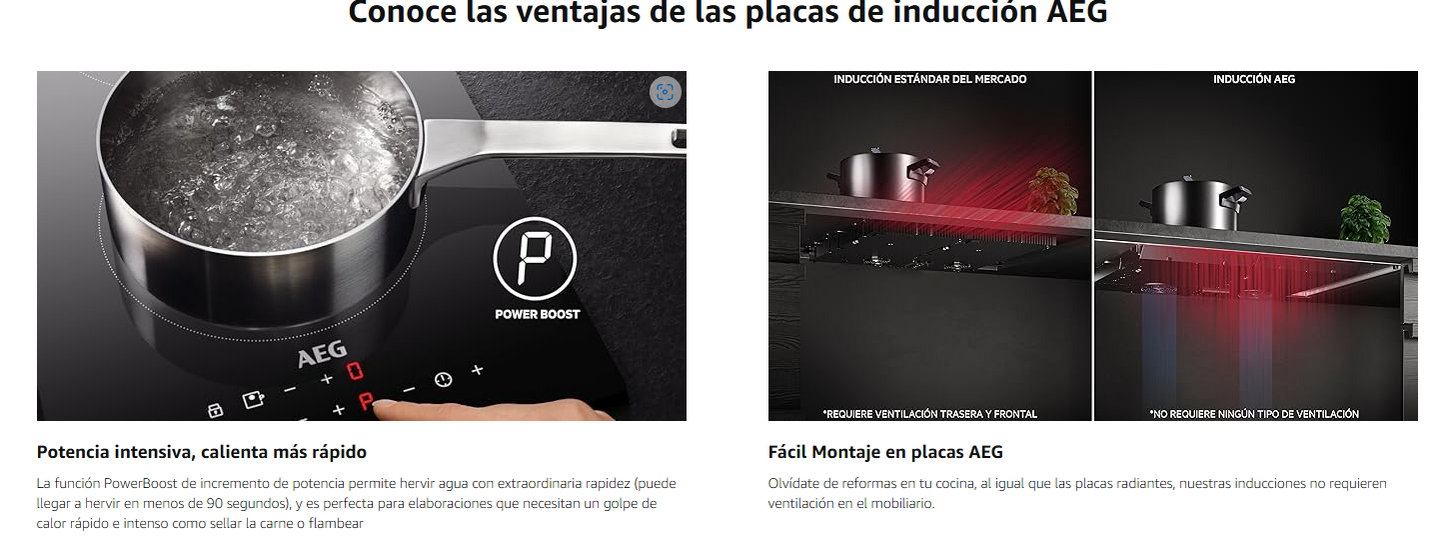 Placa de Inducción Biselada AEG IKE63471FB, 3 Zonas de Cocción, 60 cm, Función FlexiPuente, Calentamiento Rápido, Control Táctil Deslizante, Función de Pausa, Sistema Hob2Hood ¡ÚLTIMA UNIDAD!