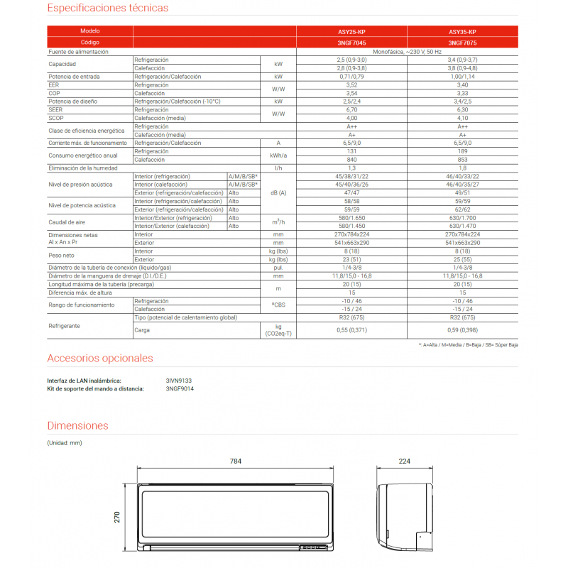 Aire acondicionado Split 1x1 Fujitsu ASY35-KP, 2.924 kcal/h frío / 3.440 kcal/h calor, R32, A++ /A+.