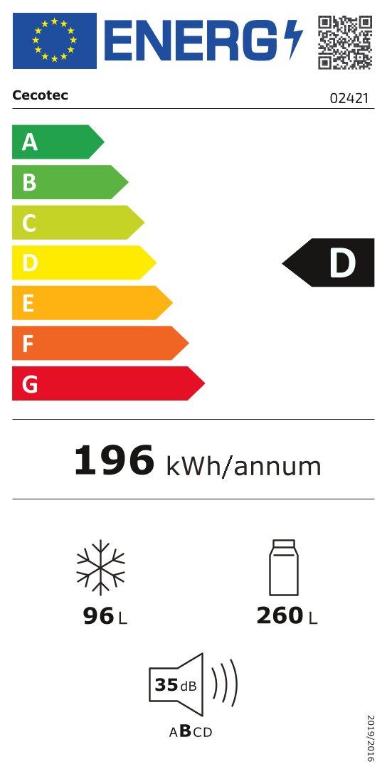 CECOTEC Black Glass COMBI REFRIGERATOR with 356 liters of capacity, 200x60 cm class D INVERTER Total No Frost