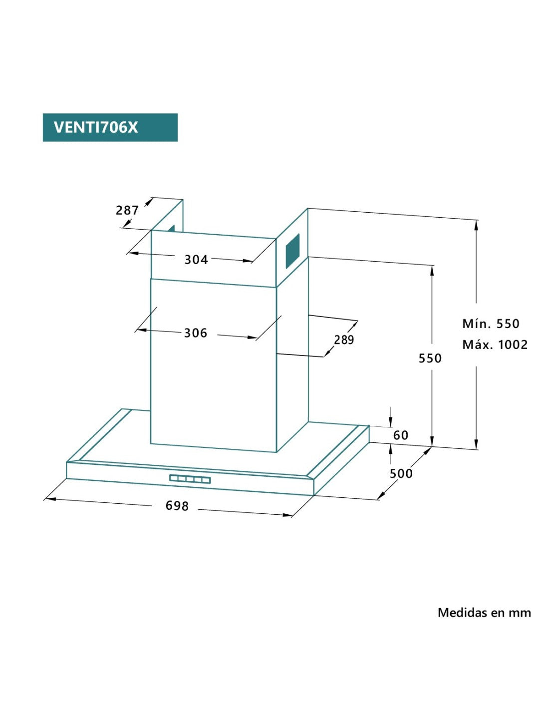 EAS ELECTRIC DECORATIVE HOOD 70CM TYPE T 600M3/H INOX EMRH706X