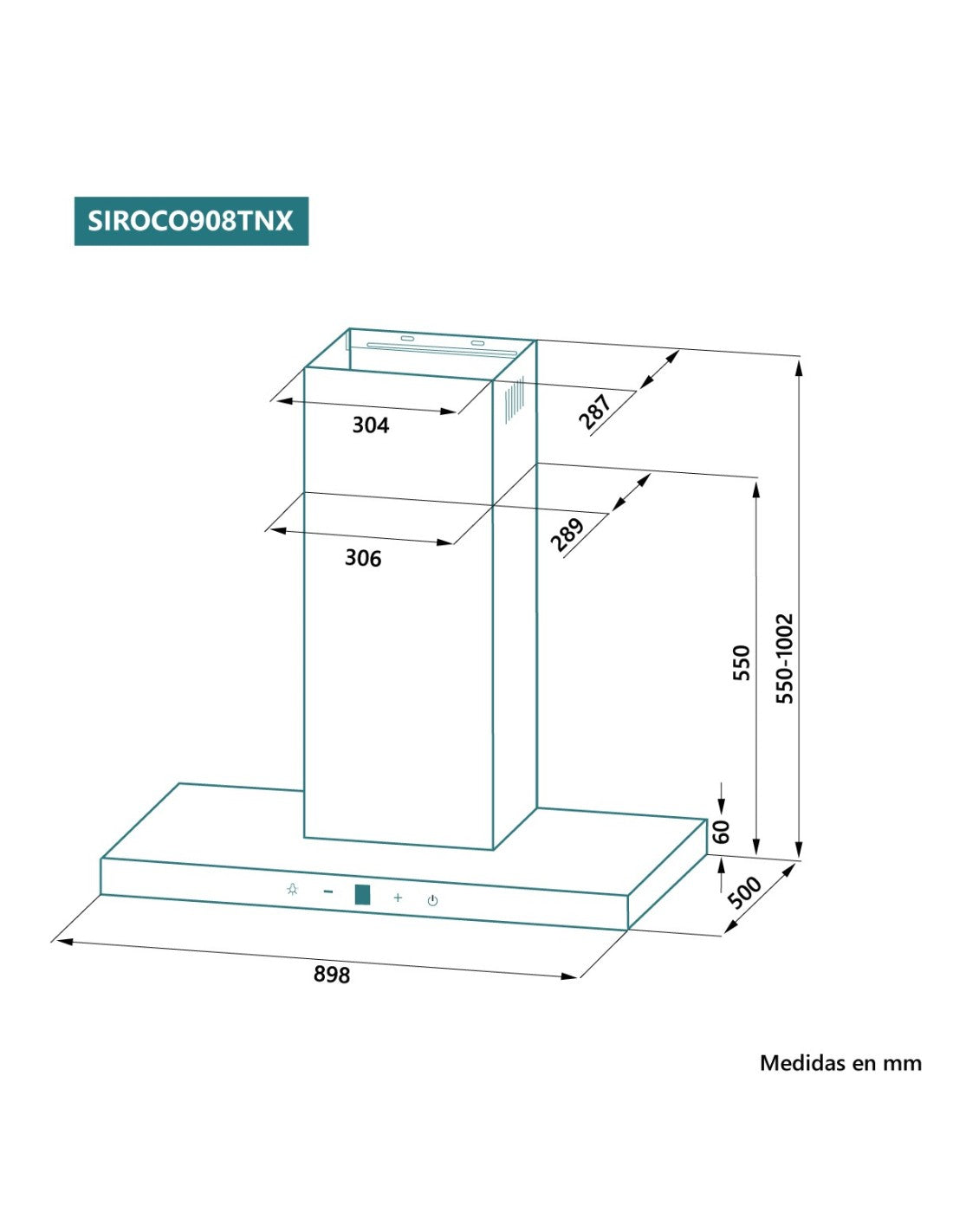 CAMPANA DECORATIVA TIPO T TOUCHLESS JOHNSON 90CM 800M3/H CRISTAL NEGRO/INOX