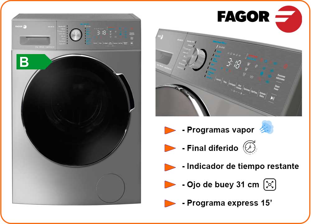 LAVADORA FAGOR 9KG 1400RPM 4FE9614X INOX CLASE B VAPOR