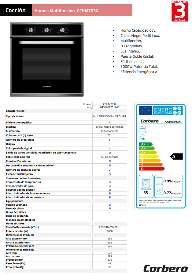 Corbero CCHM703X Multifunction Oven.8, 65L, A, Black Crystal