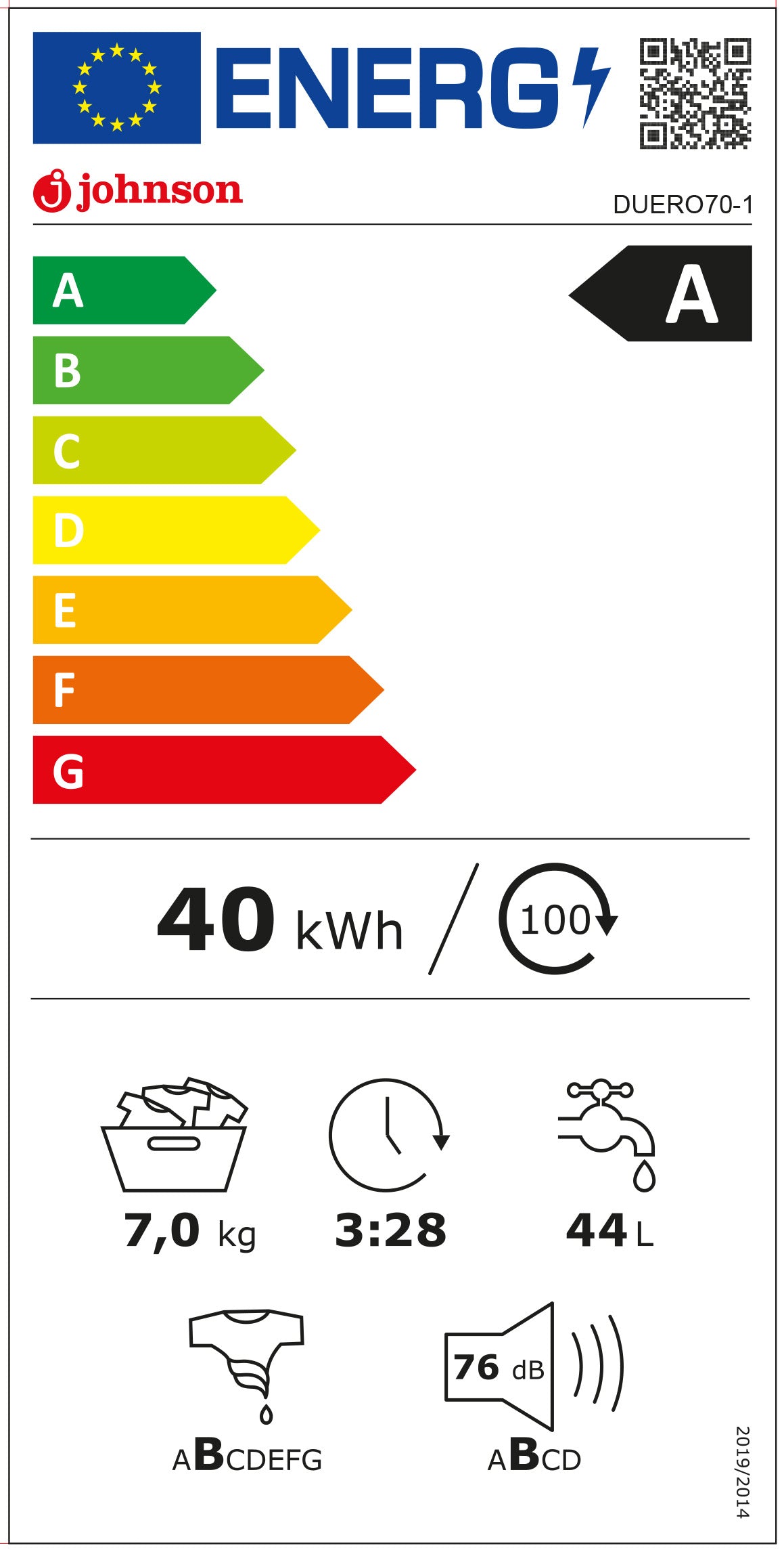 LAVADORA JOHNSON CF 7KG 1400RPM CLASE A -10% INVERTER DISPLAY BLANCA Ref. DUERO70-1