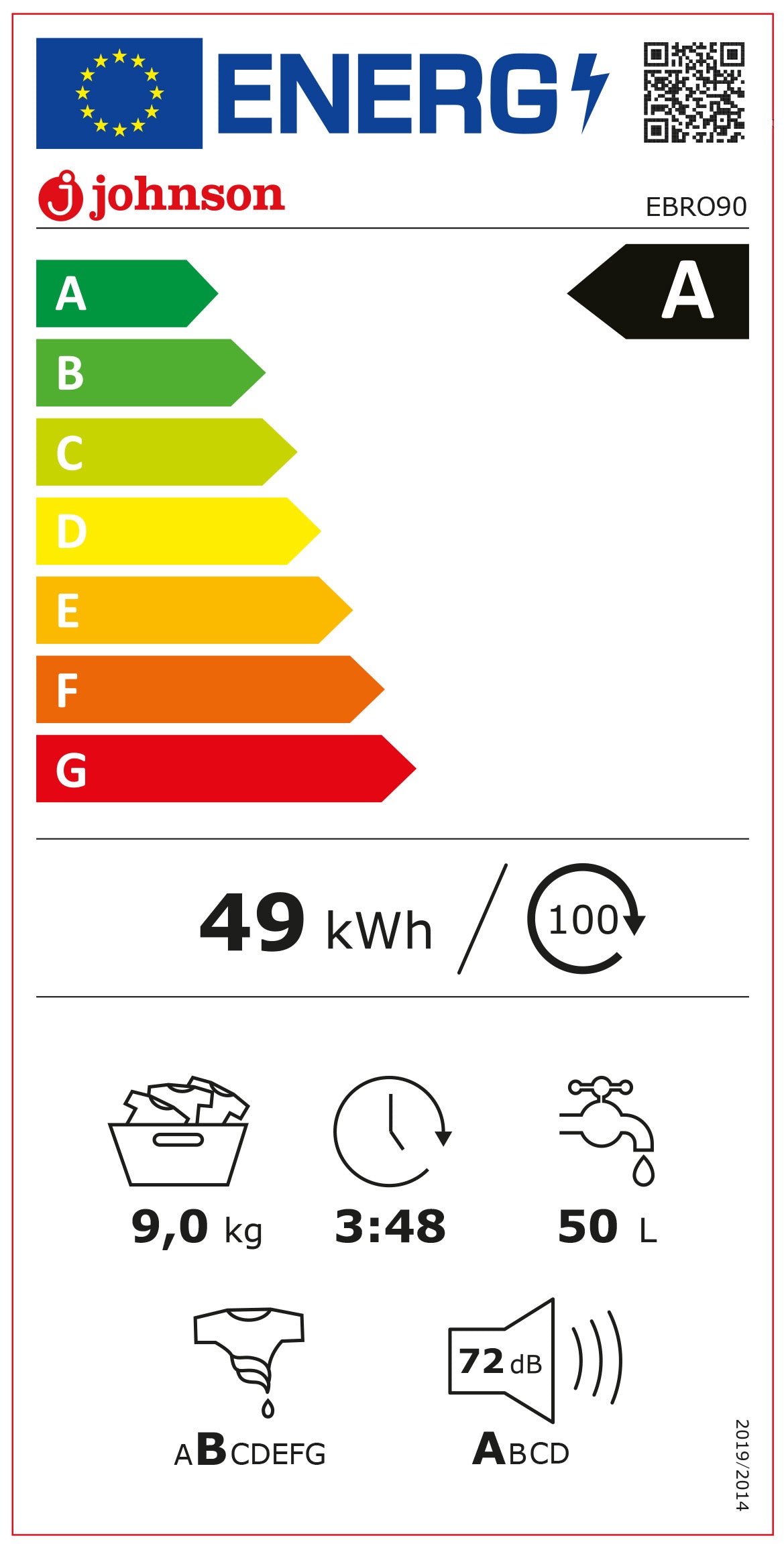 JOHNSON CF EBRO90 9KG 1400RPM CLASS A INVERTER DISPLAY WHITE WASHING MACHINE