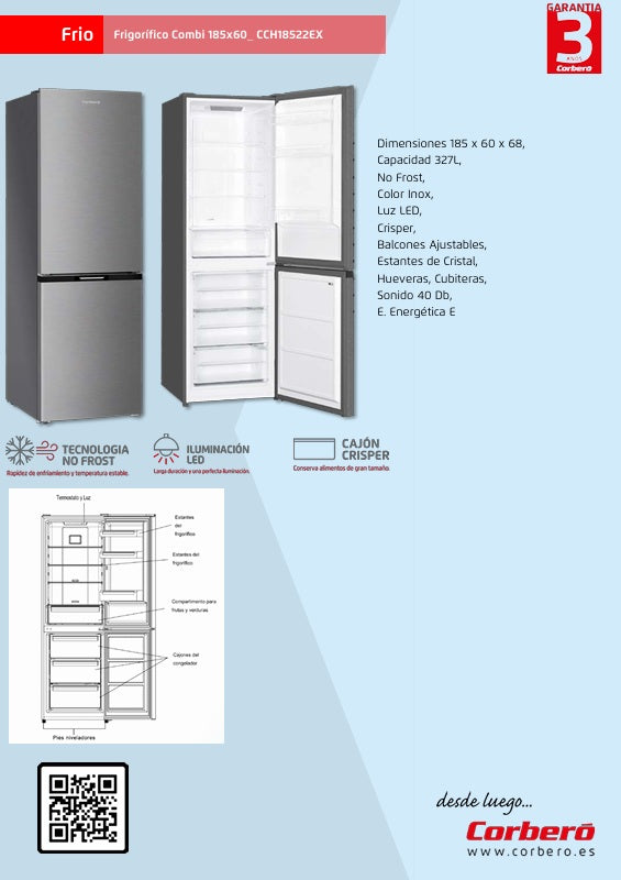 Frigorífico Combi Cobero 185x60cm NoFrost CCH18522EX Inox