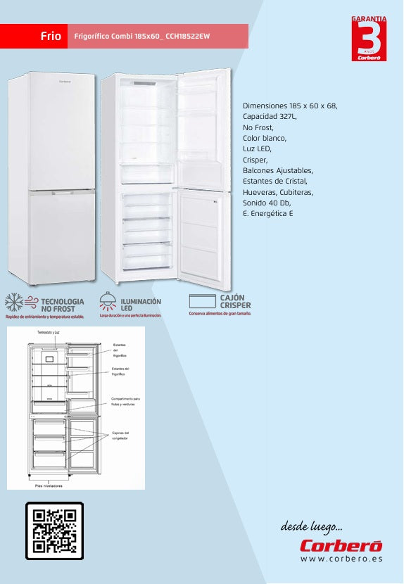 Cobero Combi Refrigerator 185x60cm NoFrost White CCH18522EW