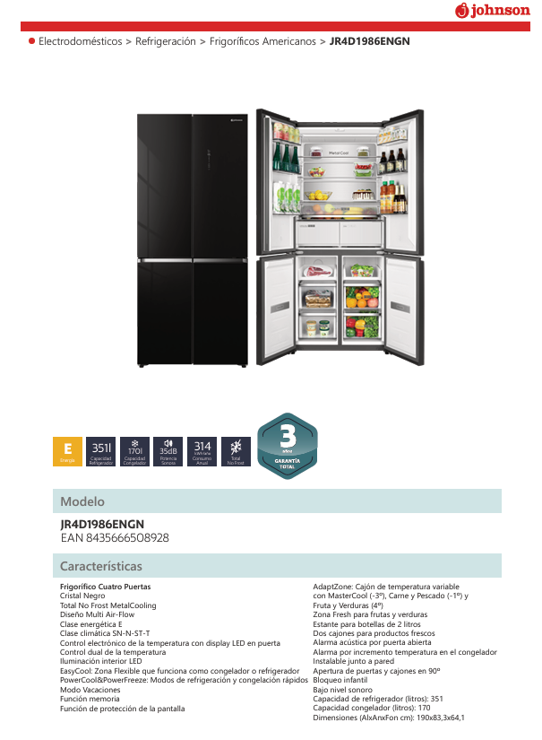 CORBERO REFRIGERATOR CF4PH7823NFDXMAD AMERICAN 4P 180X79CM, E, DARK INOX
