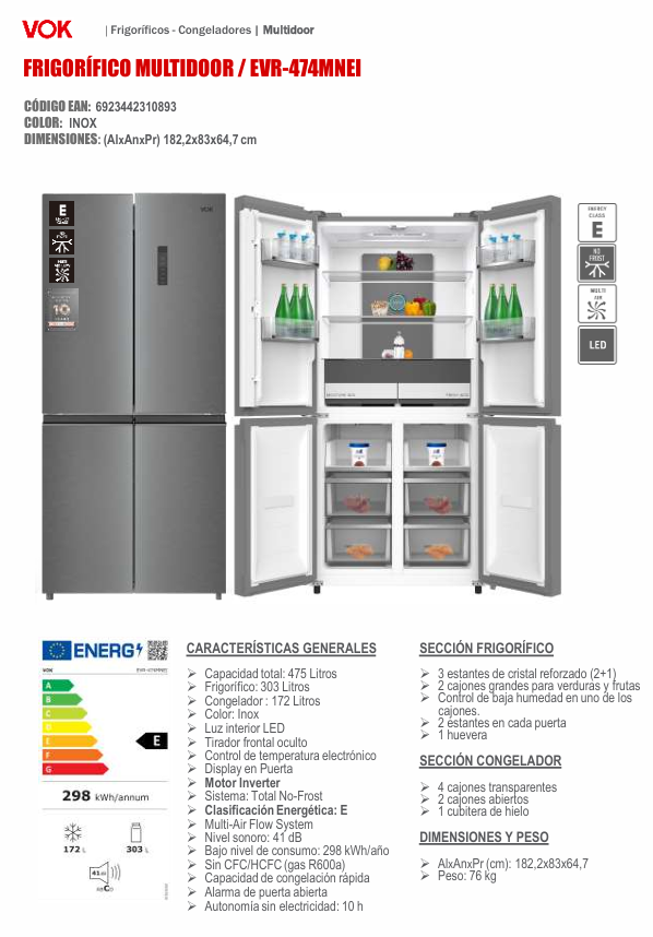 FRIGORIFICO AMERICANO VOK 4 PUERTAS INVERTER EVR-474MNEI INOX.