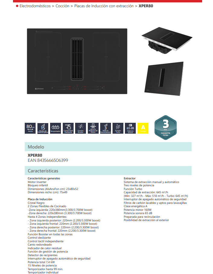 JOHNSON 80CM FLEX INDUCTION HOB WITH INTEGRATED HOOD