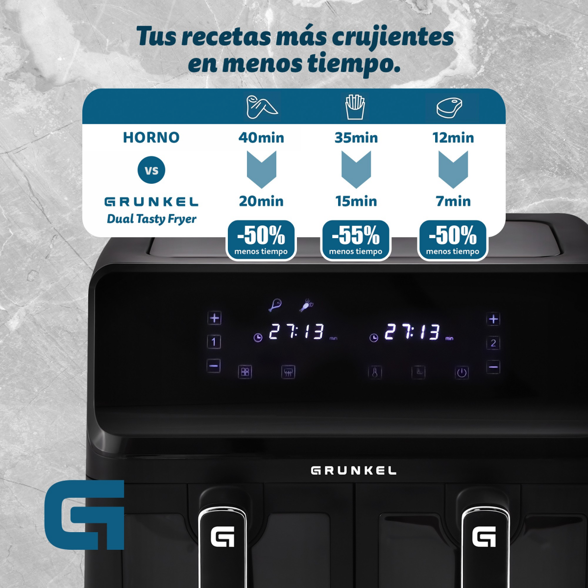 Grunkel - Air Fryer - 8 programs and 2700W Dual Tasty Fryer. (2x4L, Double)