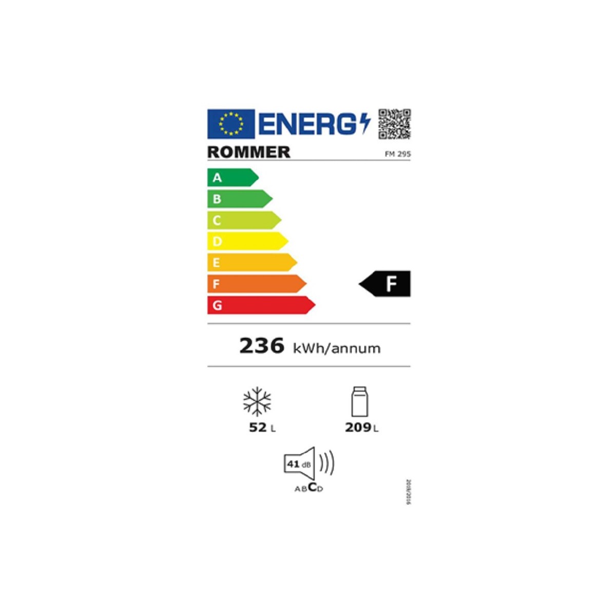 FRIGORÍFICO 2P DE DOS PUERTAS ROMMER FME295, BLANCO, 169X55 cm, E