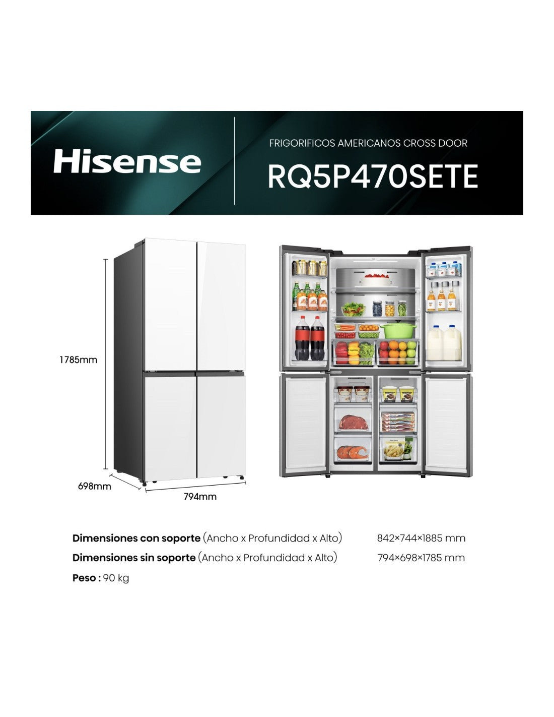 American Refrigerator 4 Doors, Class E, 483L, White Glass RQ5P470SETE