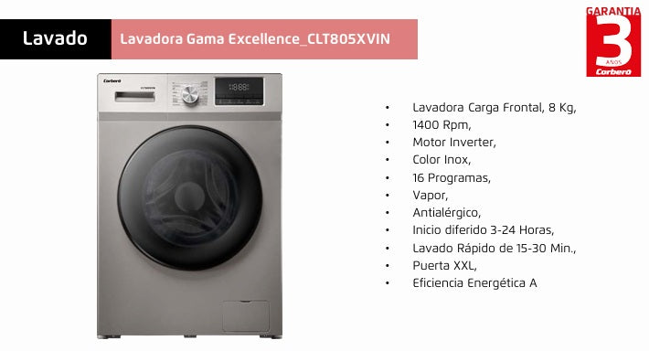 CORBERO INOX CLT805XVIN 8KG 1400RPM STEAM WASHING MACHINE