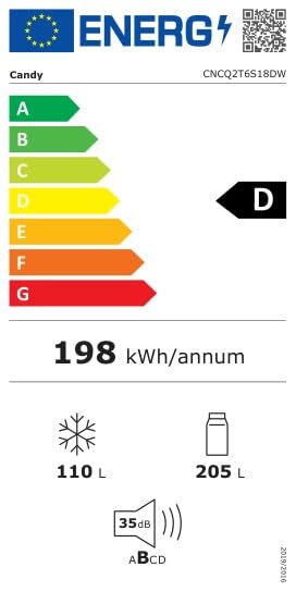 Frigorífico Combi Candy CNCQ2T6S18DW, No Frost, 185 cm, 355 L, 4 Cajones, Eficiencia E - Blanco