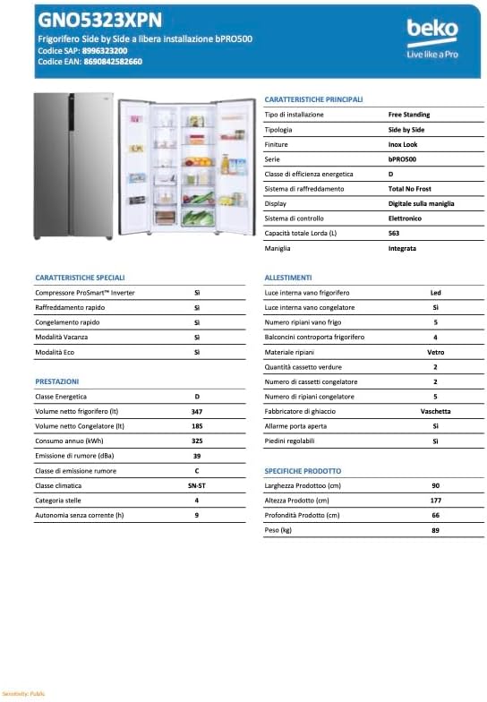 Frigorífico americano - Beko GNO5323XPN, No Frost, 177 cm, 532 l, 4 Estrellas, Iluminación LED, Acero inoxidable