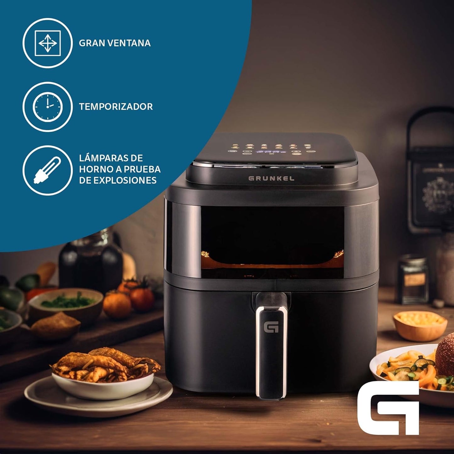 Grunkel - Freidora aire 6L y 1400W - Air Fryer BLACK LIGHT FRYER - 12 programas.