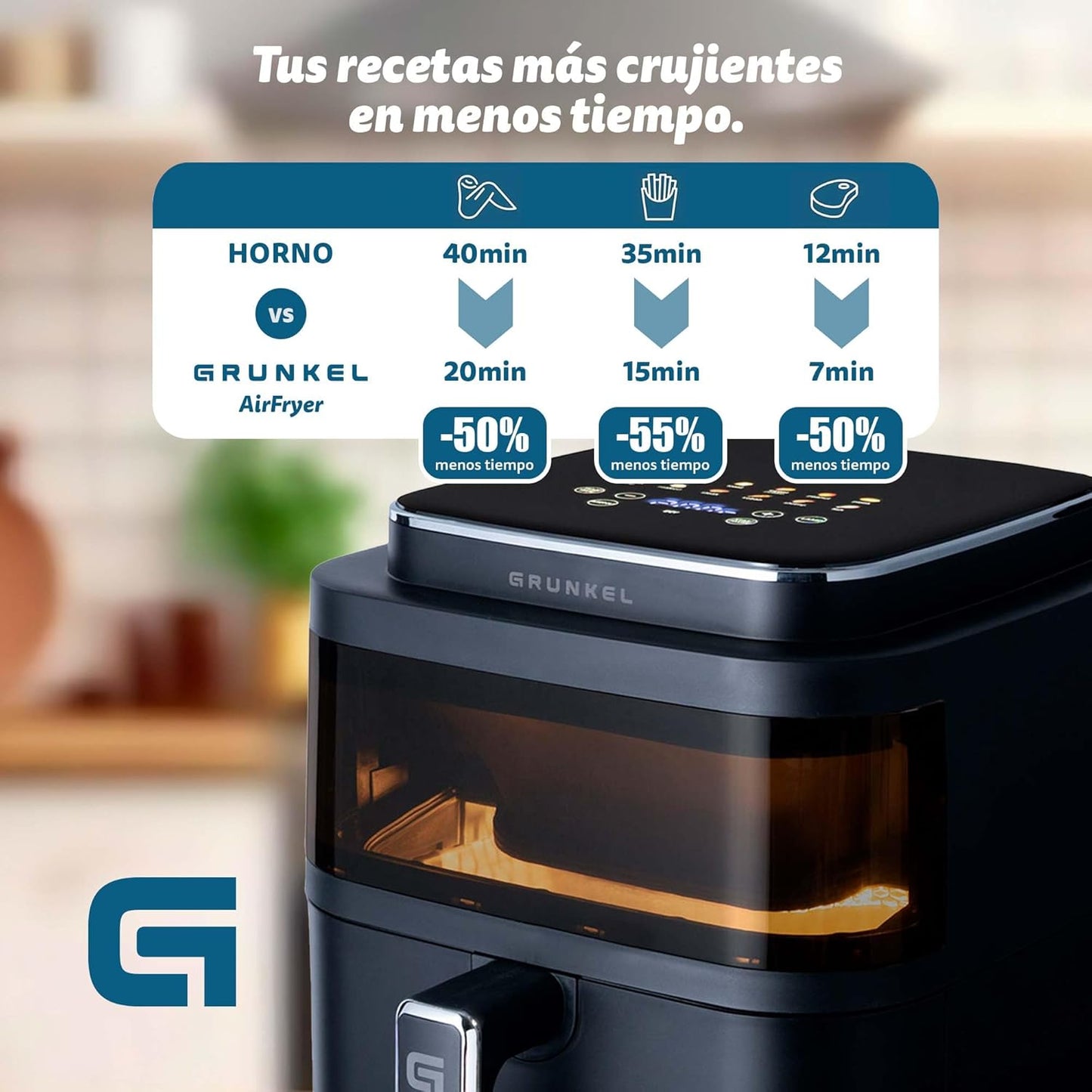 Grunkel - Freidora aire 6L y 1400W - Air Fryer BLACK LIGHT FRYER - 12 programas.