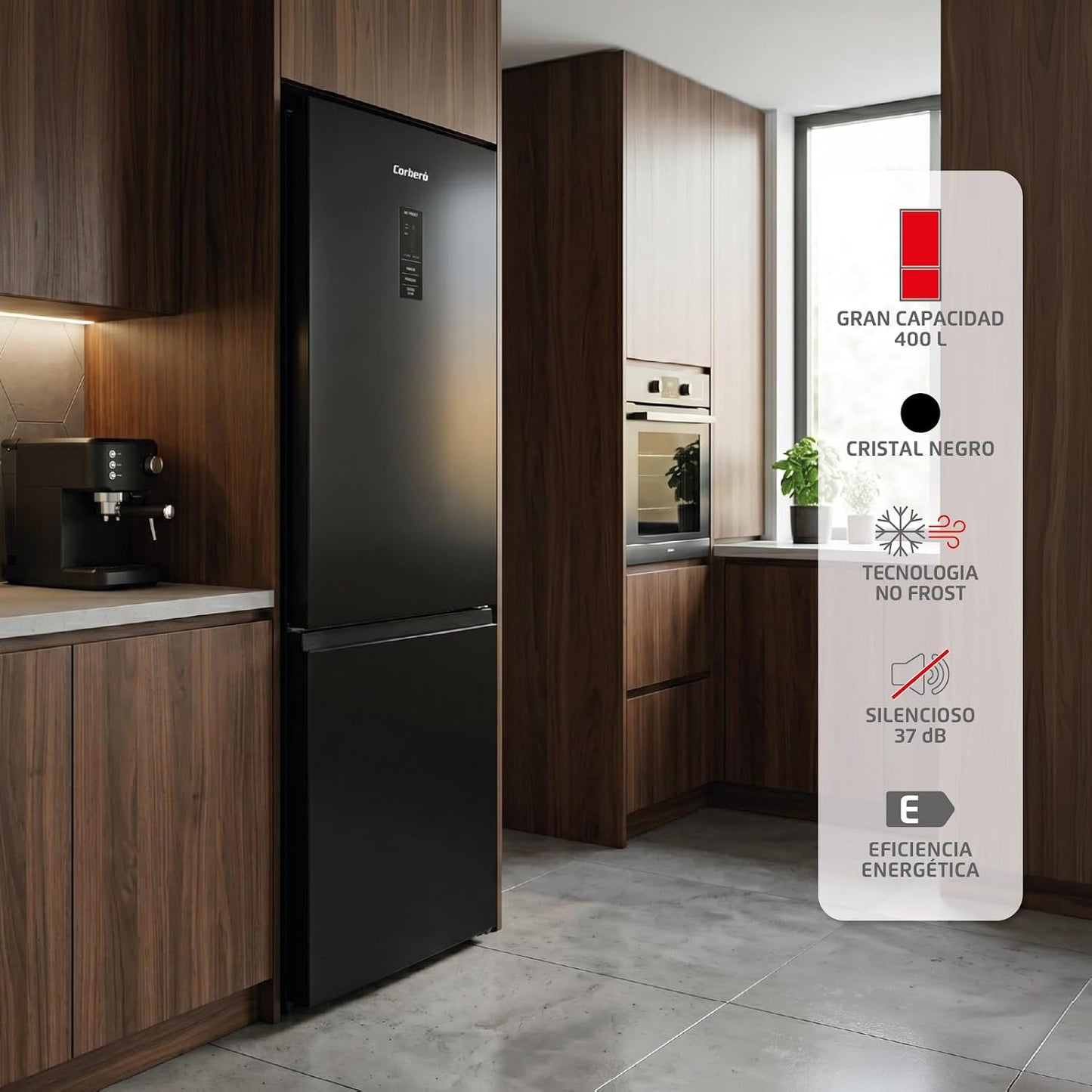 Frigorífico Combi Corbero CCHGL186NFN, 188X60, E, NoFrost 400L Cristal Negro