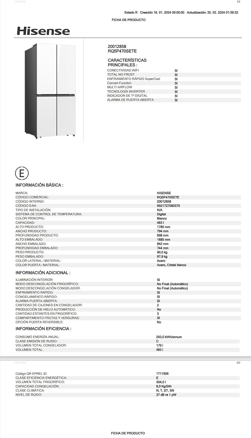 Frigorífico Americano 4 Puertas, Clase E , 483L, Cristal Blanco RQ5P470SETE