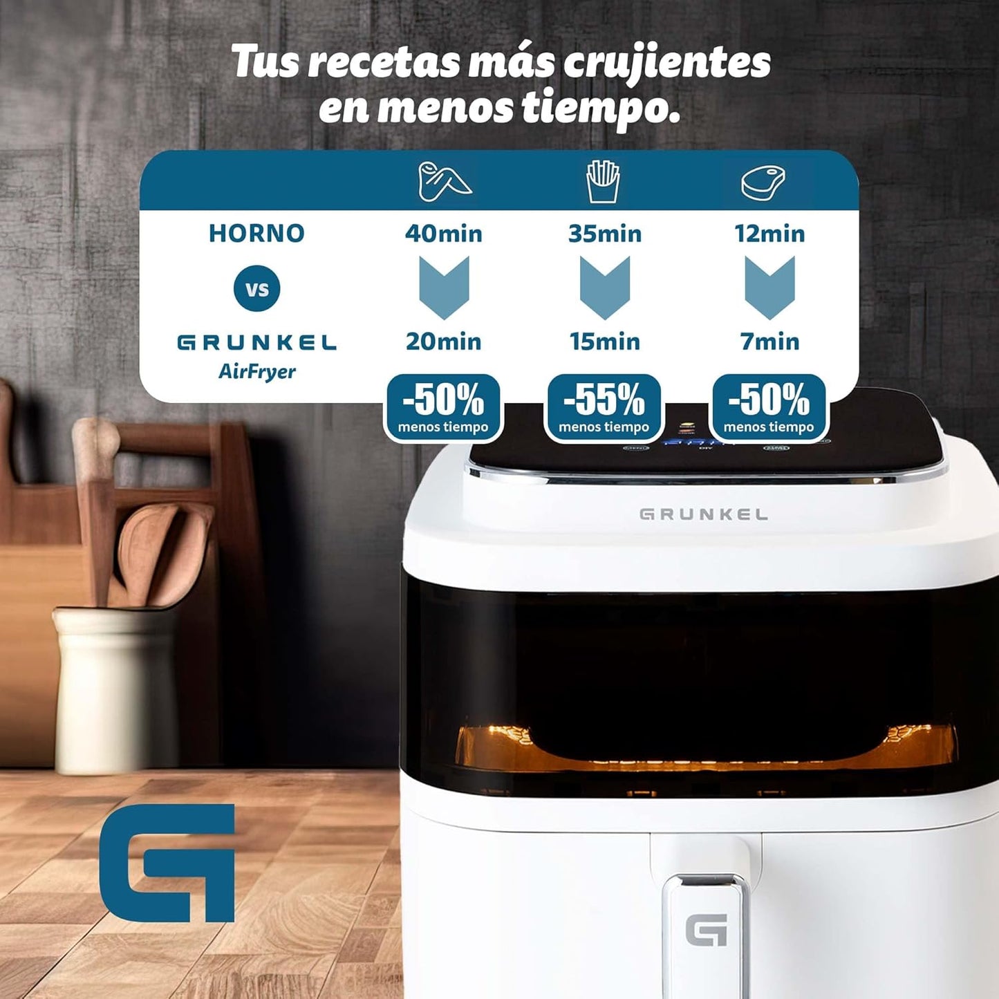 Grunkel - Freidora aire 6L y 1400W - Air Fryer WHITE LIGHT FRYER - 12 programas