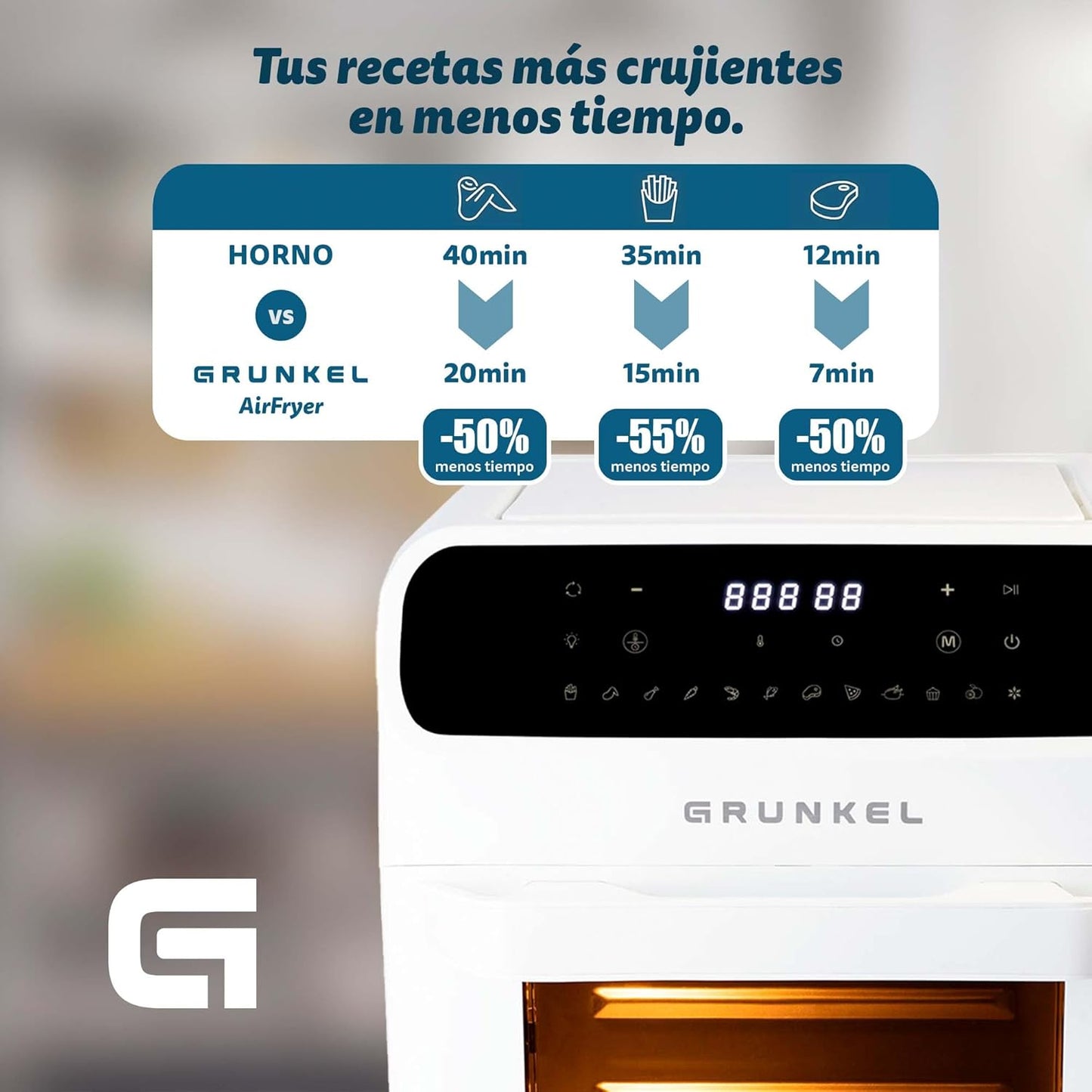 Grunkel - Freidora aire 12L y 1500W - Air Fryer WHITE FRYER OVEN - 12 programas.