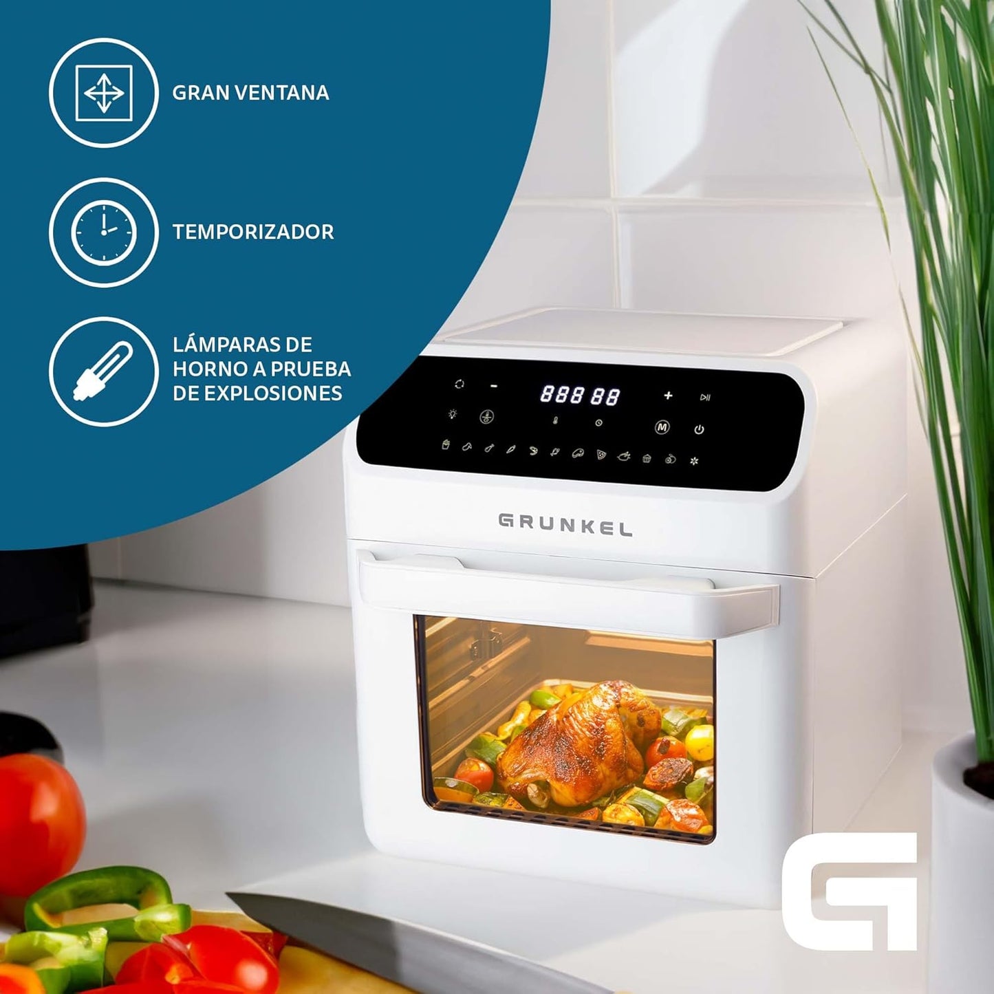 Grunkel - Freidora aire 12L y 1500W - Air Fryer WHITE FRYER OVEN - 12 programas.