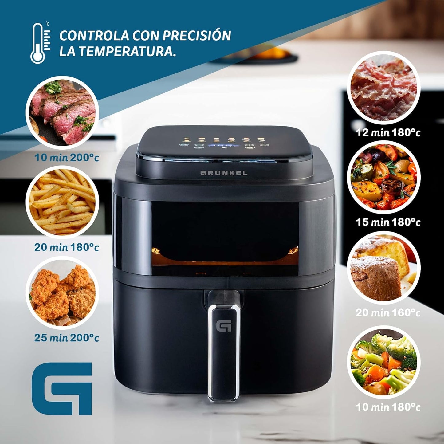 Grunkel - Freidora aire 6L y 1400W - Air Fryer BLACK LIGHT FRYER - 12 programas.