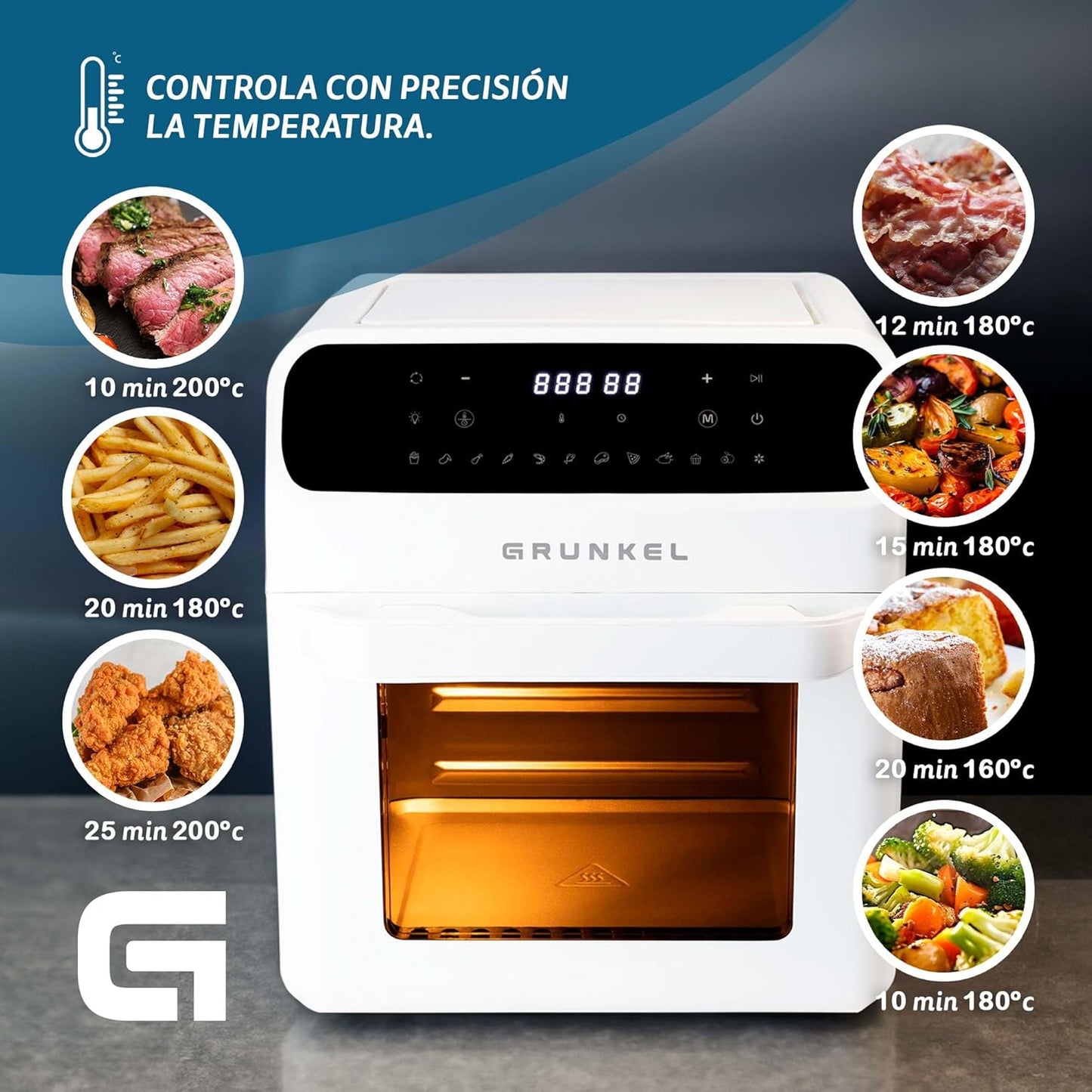 Grunkel - Freidora aire 12L y 1500W - Air Fryer WHITE FRYER OVEN - 12 programas.