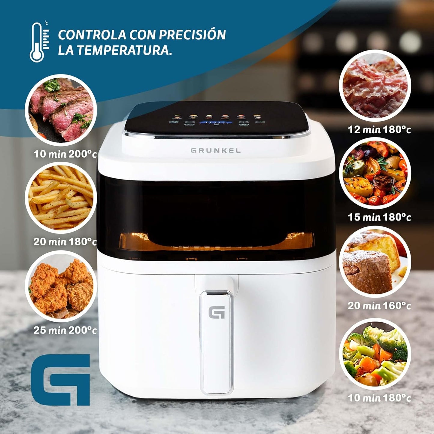 Grunkel - Freidora aire 6L y 1400W - Air Fryer WHITE LIGHT FRYER - 12 programas