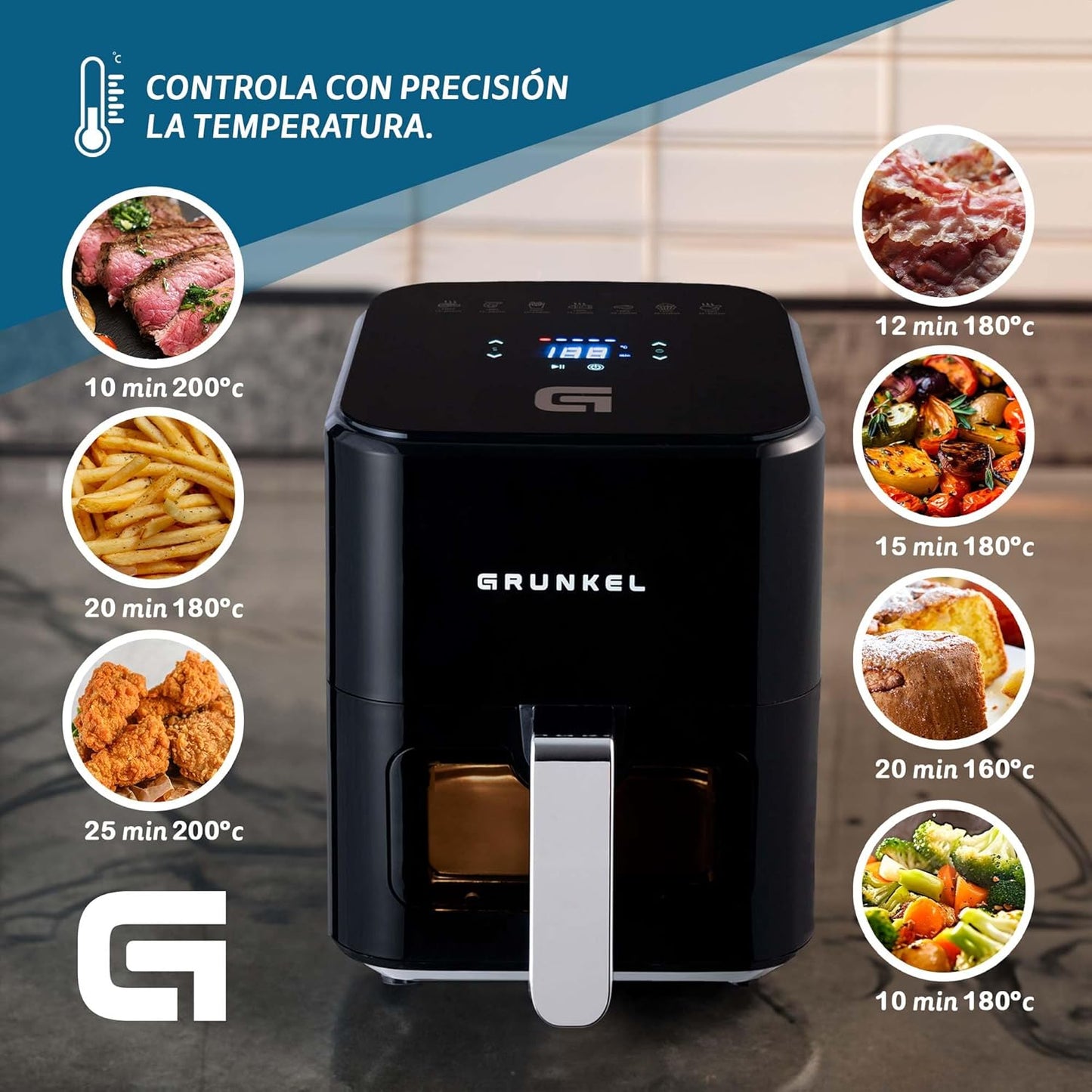 Freidora De Aire Grunkel BLACKEASYFRYER, 1200 W De 4 Litros Y 7 Programas, Negro